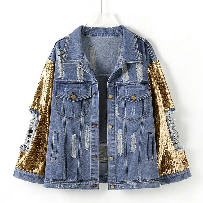 Women Fashion Denim Blue Sequin-Sleeve Distressed Denim Women