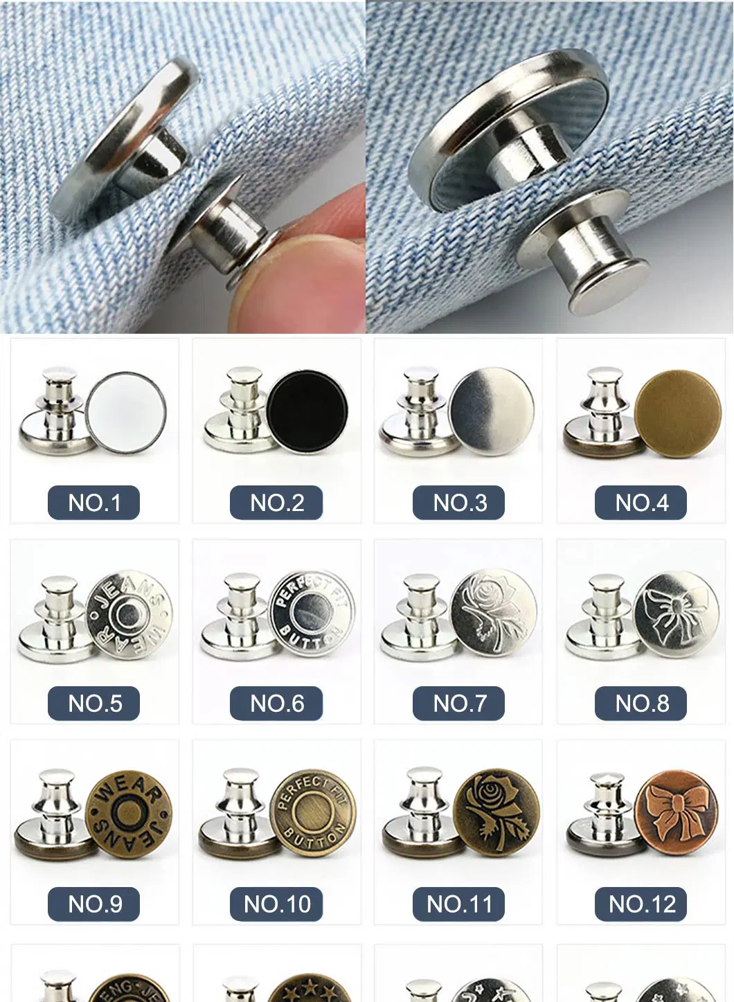 Custom Logo Embossed Snap Button Zink Alloy Metal Gold Silver Denim Shank Jeans Buttons and Rivets for Jeans Clothes