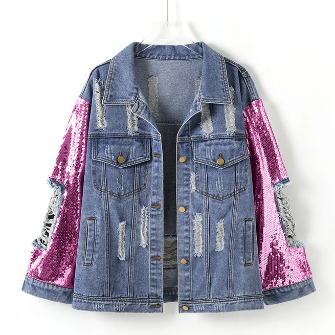 Women Fashion Denim Blue Sequin-Sleeve Distressed Denim Women